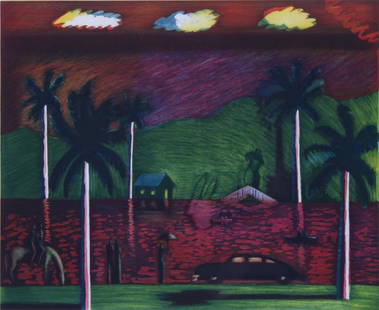 Carlos Almaraz (1941-1989) Mexican American: RED LAKE, 1986, color aquatint etching, signed and dated and inscribed HC (hors commerce) aside from the numbered edition of 45, printed by Efram Wolff image 13 ¾ x 16 ¾”, full margins