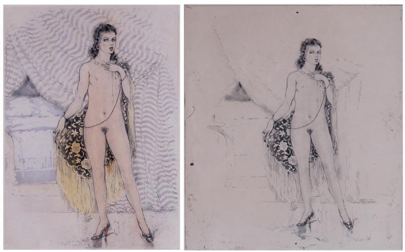 Edouard Jules Chimot (1880-1959) French (two): STANDING NUDE, two etchings, a color etching and a black state proof, both signed in pencil, each numbered XXXIX/L (39/50) & V/V (5/5), plates 8 ½ x 6 ½” & 9 ½ x 8 ½”,