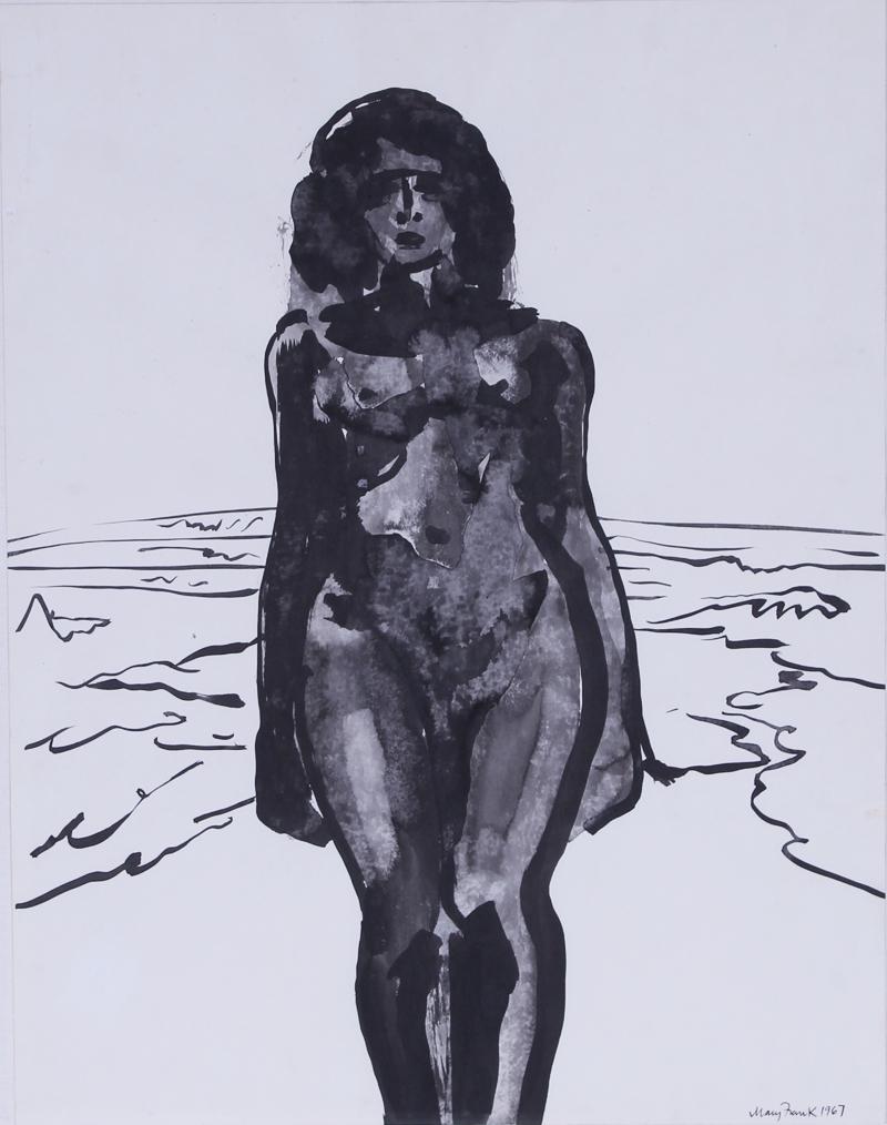 Mary Frank (b. 1933) England New York: STANDING FEMALE NUDE, 1967, ink wash on paper, signed and dated lower right, 22 ½ x 17 ½”, frame 31 x 25” with glass.