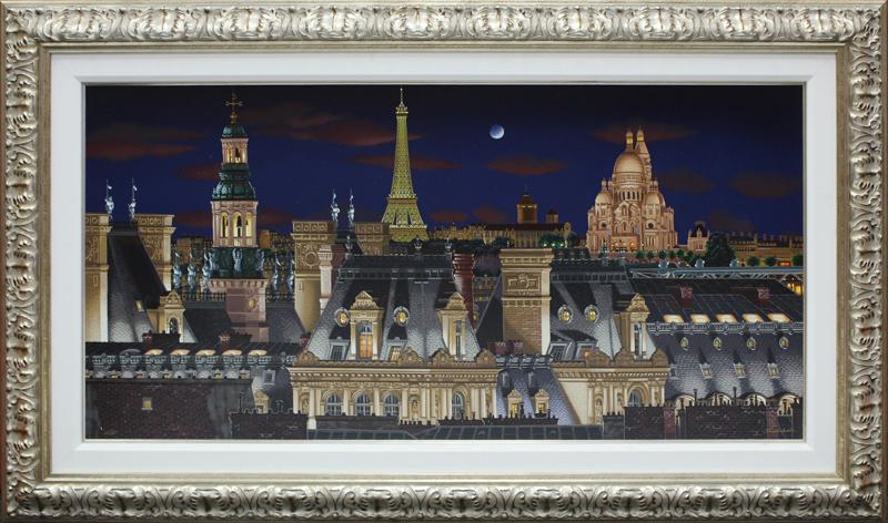 Liudmila Kondakova (b. 1956) Russian: ROOFTOPS OF PARIS AT NIGHT, 2005, color screenprint on Gesso board, signed and numbered 34/295 in gold ink, 27 x 36”, frame 33 ½ x 57”. Certificate from Chalk Vermilion, Provenance Ma
