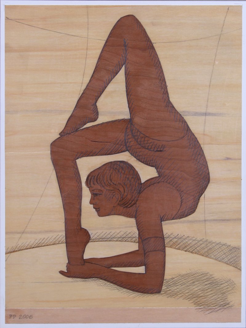 Pauline Paris (20th Century): THE CONTORTIONIST, 2005, pencil and ink drawing on collaged wood veneers mounted to Clayboard, initialed and dated in pencil lower left, inscribed and dated on verso, overall 12 x 9”.