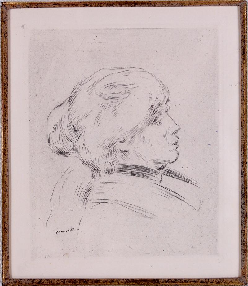 Pierre-Auguste Renoir (1841-1919) French: BERTHE MORISOT (S.4), circa 1892, etching from a later edition, signed in the plate, plate 4 ¼ x 3 ½”, full margins, hand-made custom frame 17 x 15 ½ x 2” with glass.