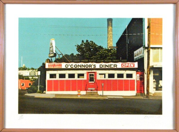 John Baeder (b. 1938) American: O'CONNOR'S DINER, 1980, color screenprint, signed in pencil, from the numbered edition 250, image 16 ¾ x 25", full margins, Lassiter Meisel blindstamp lower right, framed with glass, some hazing in i