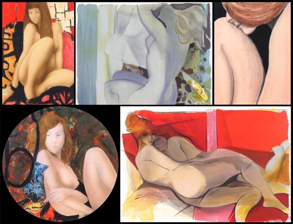 Alain Bonnefoit, N. Gruen & Contemporary School (fi: NUDES, two color lithographs, each signed in pencil, from the numbered editions 100 & 200, images 24 ½ x 17 ¼" & 16" diameter, full margins; Together with N. Gruen, NUDE, color lithograph, signed in