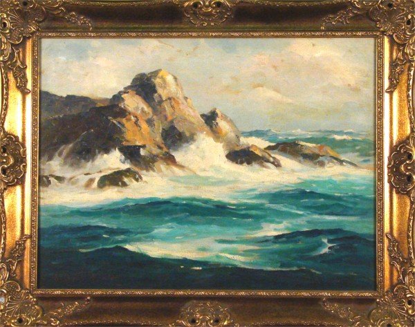 Bennett Bradbury (1914-1991) American: POINT INSPIRATION, c.1950, oil painting on canvas, signed lower left and titled and signed on verso, 18 x 24", framed, surface soiling, otherwise in good condition.