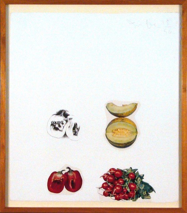 Jim Dine (b. 1935) American: FRUIT & VEGETABLES, 1975, lithograph with color collage, signed in pencil, from the numbered edition 96, sheet 17 ½ x 15 ¾", framed, minor discoloration upper right corner, otherwise in good conditi