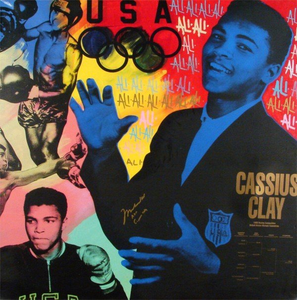 Steve Kaufman (1960-2010) American: MOHAMMED ALI/ CASSIUS CLAY, color screenprint on canvas with hand painting, signed on verso, also signed by Ali as Mohammed Ali & as Cassius Clay in marker lower center, from the numbered edition 100,