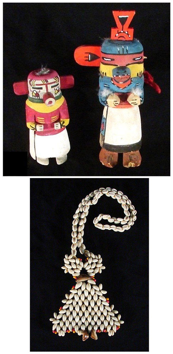 Native American: Antique Kachina Dolls & Necklace: Two antique Kachina dolls of painted balsa wood with rope and feathers, 6 ¾" & 10 ½" tall, the first missing an ear and waterstaining, the second missing some top feathers with some craqueluer and s