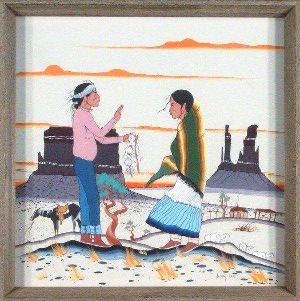 Native American: Jerry Lee (20th Century): THE TRADE, gouache on paper, signed lower right, 15 ½ x 15 ½", framed with glass. From the collections of Howard Arden Edwards, Grace Oliver, and Beebe Nuetzman.