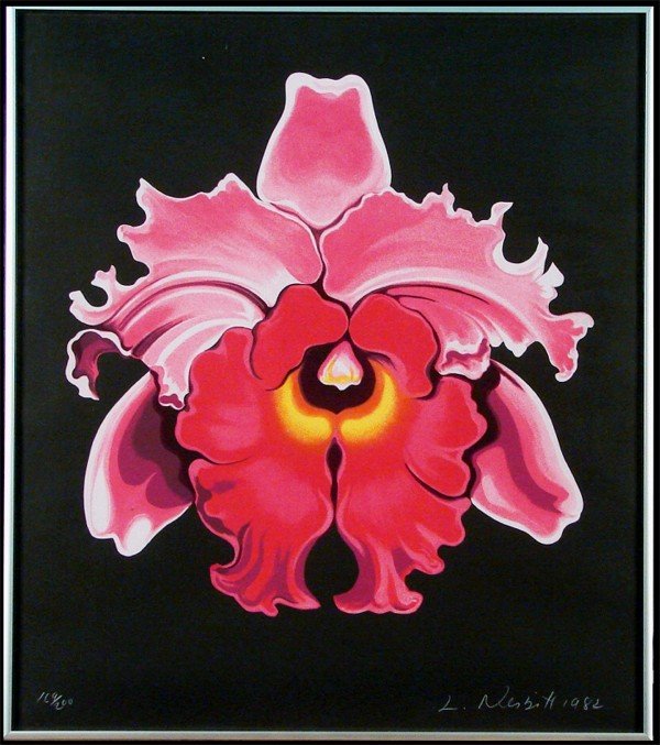 Lowell Nesbitt (1933-1993) American: IRIS, 1982, color lithograph, signed in white pencil, from the numbered edition 200, sheet 25 x 22", framed with glass.