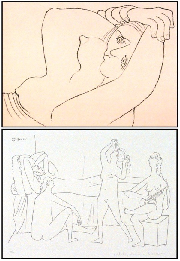 Marina Picasso Collection after Picasso (two): QUATRE NUS AU HAREM; FEMME COUCHEE, two lithographs printed in 1980 & 1982, authorized signatures in pencil, with Marina Picasso Limited Editions blindstamp lower right, publisher's stamps on verso, s