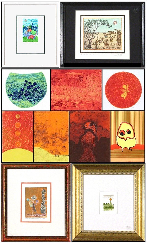 Guillaume Maria-Silva, Joy Jerviss & others (thirt: VENDEDORA DE FLORES, 1962; FIESTA POPULAR, 1970, pair of embossed color etchings, each signed in pencil, from numbered editions, images 6 ¼ x 4 ¼" & 6 ½ x 7 ¾", both with full margins, both framed