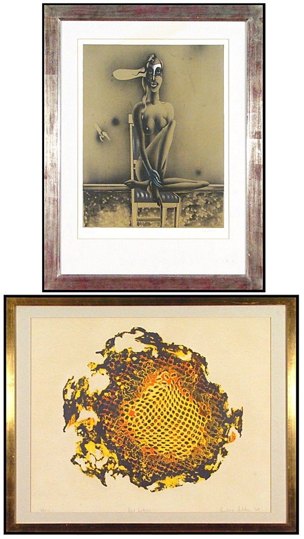 Paul Wunderlich & Pauline Aitken (two): DANIELE EXEMPLAR, color lithograph, signed in pencil, from the numbered edition 1000, image 21 x 16", full margins, framed with glass, pale staining upper center extending from mat into the margins an