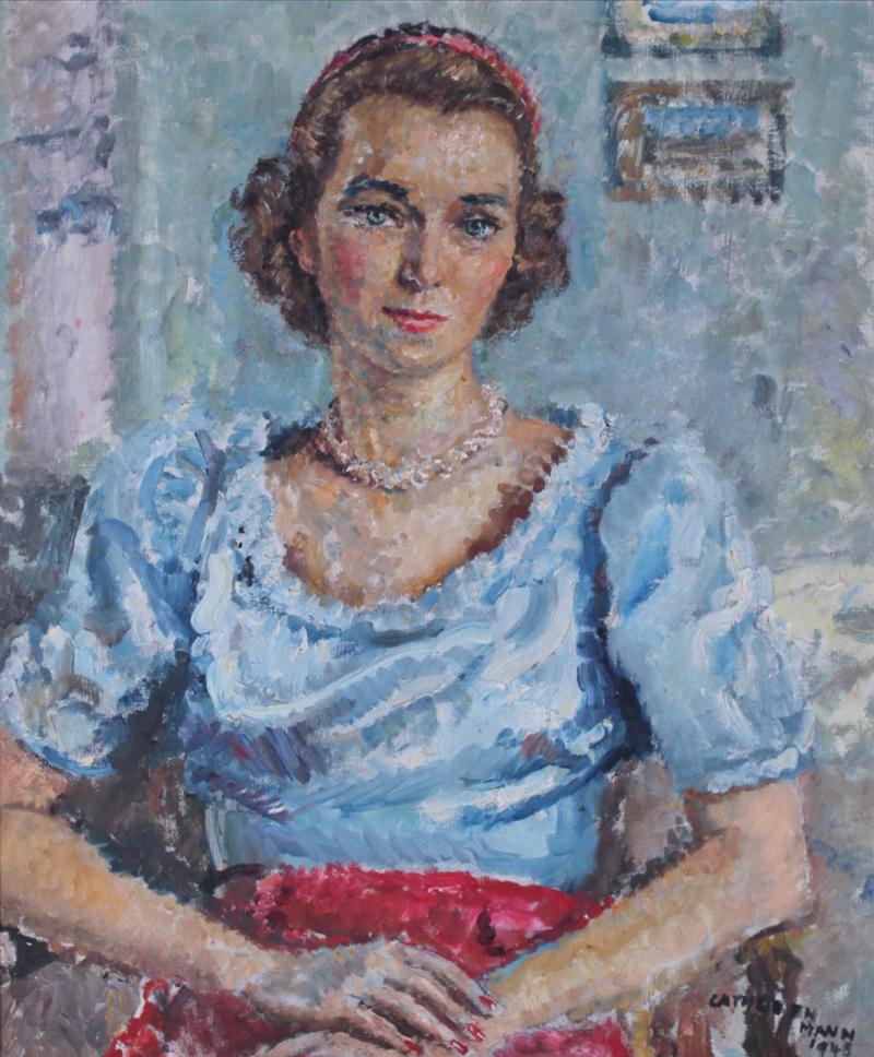 Cathleen Mann (1896-1959) British: WOMAN IN BLUE BLOUSE, 1948, oil painting on canvas, signed and dated lower right, 30 x 25 ¼”, frame 34 x 28 ½”.