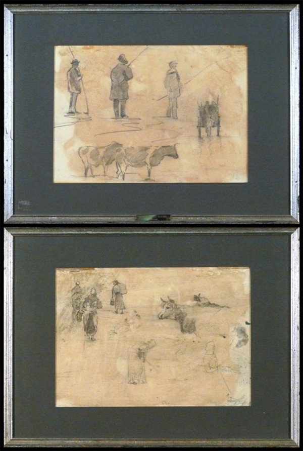 Eugène Louis Boudin (1824-1898) French: FARMERS IN THE FIELD, pencil drawing on paper, sight 8 x 11", with an Agrarian Study on verso, both initialed lower right, framed with glass, staining, mottling, soiling, scrapes and small losses near