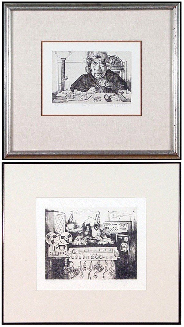 Charles Bragg (b. 1931) American (two): HER HONOR; THE ELECTRONIC REPAIR MAN, two etchings, each signed in pencil, from the numbered editions 300, image 5 ¾ x 8 ¾" & 7 ½ x 9 ¾", full margins, both framed with glass. (2)