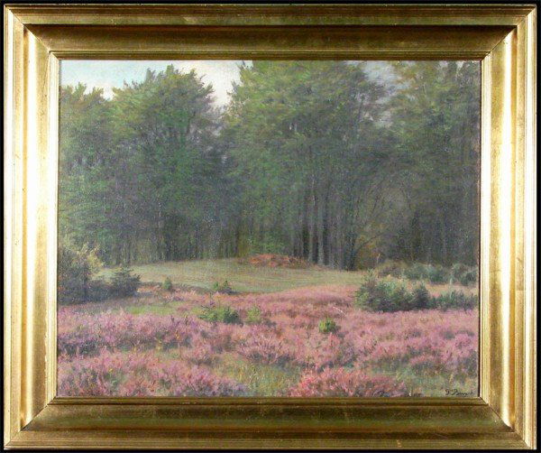 Peter Busch (1861-1942) Danish: GLADE WITH HEATHER AND SPRUCES, oil painting on canvas, signed lower right, 16 x 19 ¾", framed, surface hazing, small scratch lower center right, otherwise in good condition.