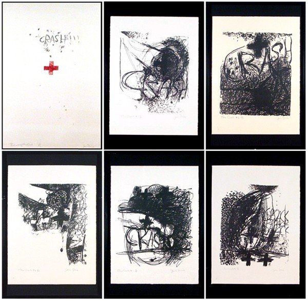 Jim Dine (b. 1935) American: THE CRASH, 1960, portfolio of five lithographs and lithograph cover sheet, each signed in pencil, from the numbered edition 33, cover sheet 40 x 26" & five other sheets 29 ¾ x 22", Martha Jackson pub