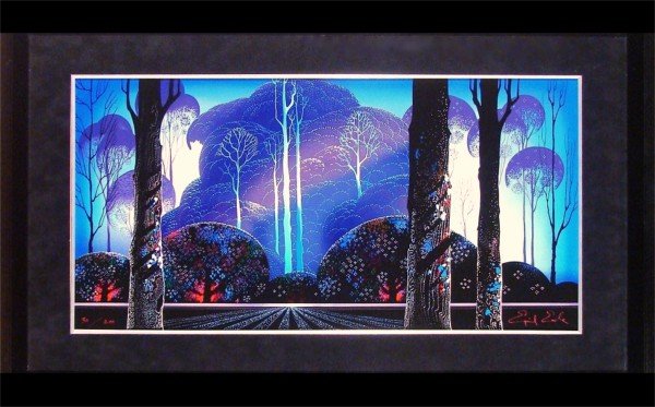 Eyvind Earle (1916-2000) Californian: EUCALIPTIS, color screenprint, signed in red ink, from the numbered edition 200, sight 14 ½ x 29 ¼", framed with glass.