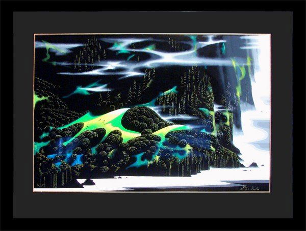 Eyvind Earle (1916-2000) Californian: HAZE OF EARLY SPRING, color screenprint, signed in yellow ink, from the numbered edition 200, sight 23 ½ x 35 ½", framed.