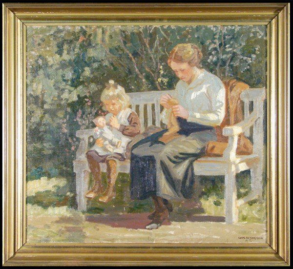Luplau Janssen (1869-1927) Danish: MOTHER AND DAUGHTER, 1916, oil painting on canvas, signed and dated lower right, 19 x 21", framed, hairline cracks and craquelure, minor surface wear from cleaning, otherwise in good condition.