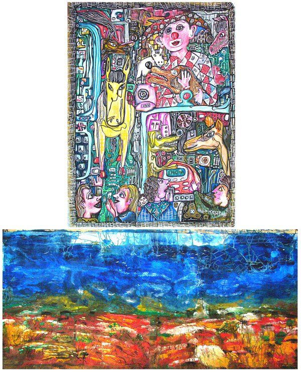 David Kessel (b. 1955) French & another (two): DOG & PONY SHOW, acrylic painting on un-stretched canvas, signed lower right, 33 x 25"; Together with landscape by unknown artist, acrylic painting on canvas, 37 x 81, crinkles and creases from improp