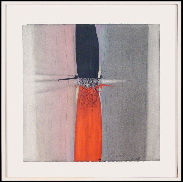 Paul Maxwell (b. 1925) Californian: UNTITLED, 1970, acrylic painting with color pastel on paper, signed and dated lower right, 22 ¼ x 22 ¼", framed, slipped off hinges, otherwise in good condition.