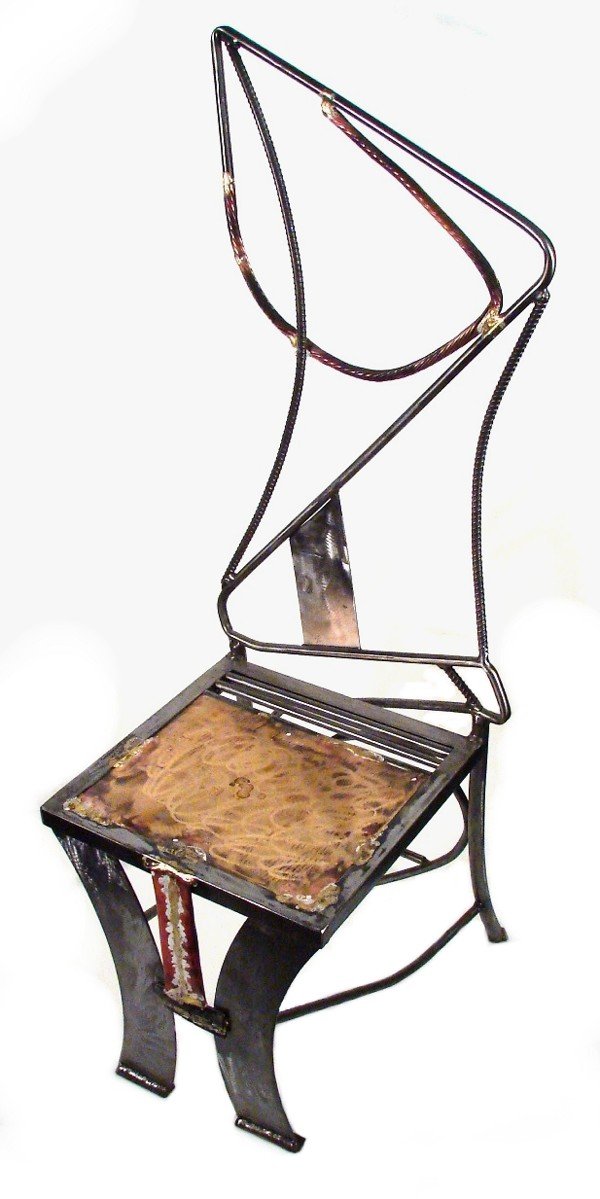 Rogelio Menz (b. 1947) Chilean/ Canadian: CHAIR, mixed metal free form sculpture, signed underneath, 46 ½" tall.