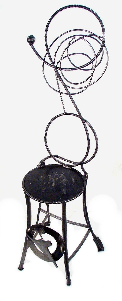 Rogelio Menz (b. 1947) Chilean/ Canadian: CHAIR, mixed metal free form sculpture, signed underneath, 50" tall.