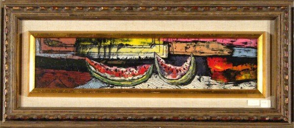 Bert Pumphrey (b. 1916) Californian: STILL LIFE WITH WATERMELONS, 1965, oil painting on Masonite, signed and dated upper left, 4 ½ x 19 ½", framed, surface soiling, otherwise in good condition. Provenance: B. Lewin Galleries, Palm Spri