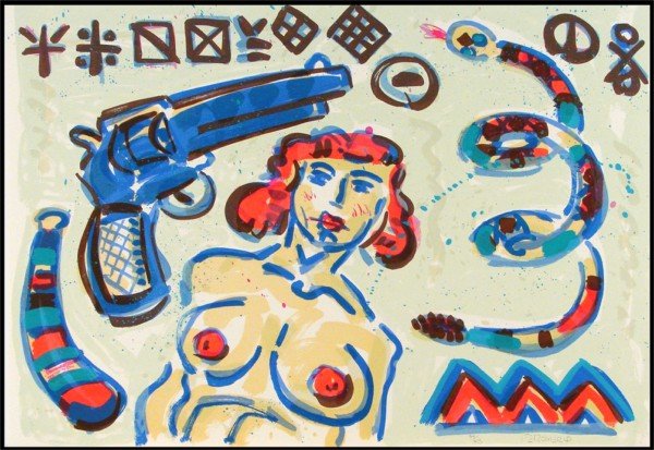 Frank Romero (b. 1941) Californian: NUDE WITH GUN, color screenprint, signed in pencil, from the numbered edition 38, sheet 20 ½ x 29 ¾", blindstamp lower left.