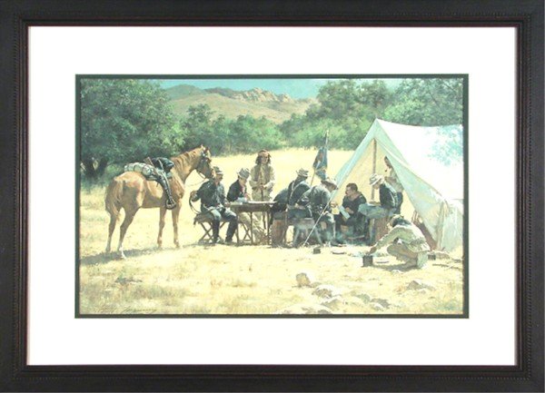 Howard A. Terpning (b. 1927) American: FIELD HEAD QUARTERS, 1978, color offset lithograph, signed in pencil, from the numbered edition 975, sight 14 x 23", framed with glass, faded, otherwise in apparently good condition.