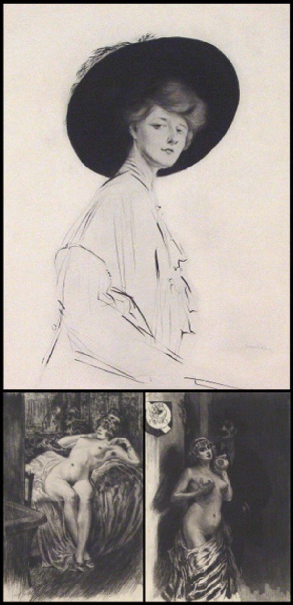 Jacques Villon & Almery Lobel-Riche (three): MISS EVELYN (GP.235), 1908, etching, signature in the plate, edition of 50, image 22 ½ x 16", full margins, creases and soft handling creases, mended tear left sheet edge, light toning from previous