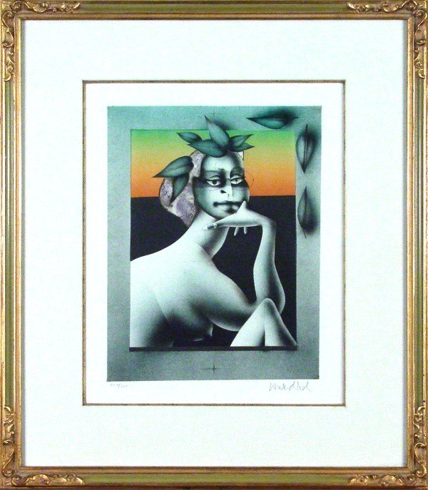 Paul Wunderlich (b. 1927) German: EVE, color lithograph, signed in pencil, from the numbered edition 150, image 12 x 9 ½", full margins, handsomely framed with glass.