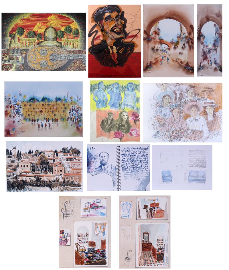 Gabriel Cohen (1933-2017) & others (twelve): Gabriel Cohen HANAUCA HABAIT, 1987, oil painting on paper, signed and dated and titled lower right, 27 ½ x 39 ½”; Yoram Merose THE (Political) ARTIST ILLUMINATES REALITY BY HIS DIS