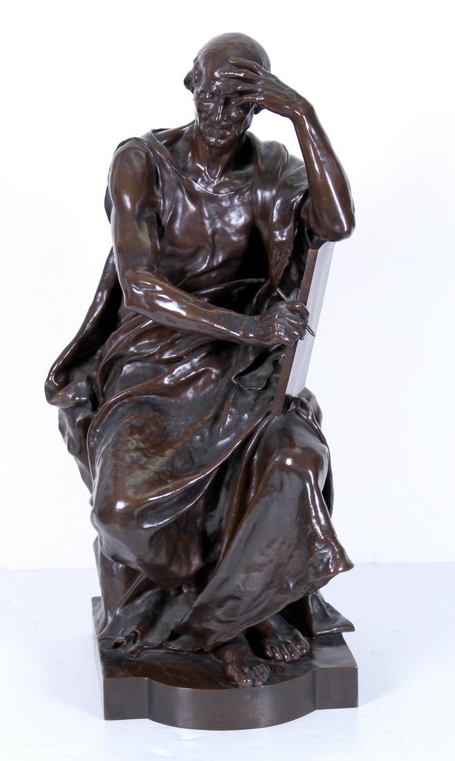 Paul Dubois (1829-1905) French: Lâ€™ ETUDE ET LA MEDITATION (Le Pensuer), cast bronze sculpture with brown patina, signed on backside, with F. Barbedienne Fondeur stamp on left side of base and Collas circular stamp on the back