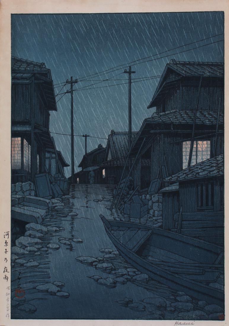 Hasui Kawase (1883-1957) Japan: EVENING RAIN IN KAWARAGO, color woodcut print, signed in pencil, chop mark and character stamps, sheet 15 x 10 ½”.