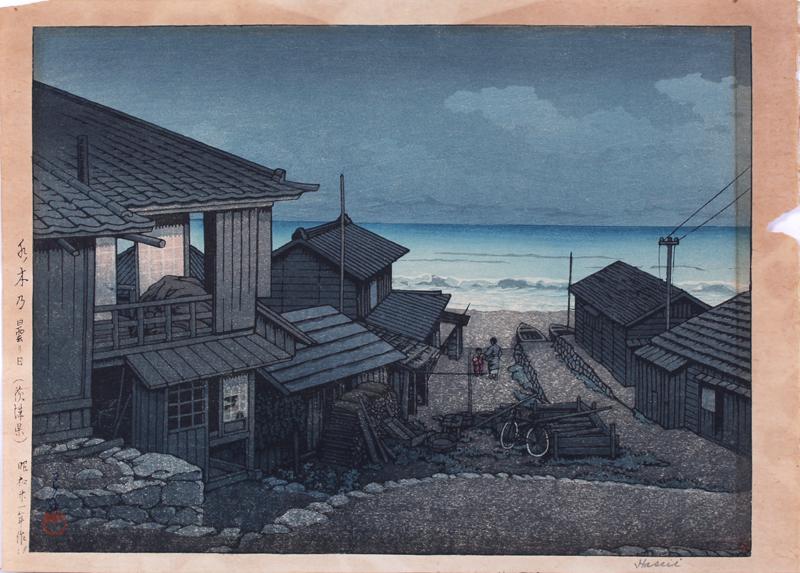 Hasui Kawase (1883-1957) Japan: CLOUDY DAY IN MIZUKI, color woodcut print, signed in pencil, chop mark and character stamps, sheet 10 ½ x 14 ¾”.
