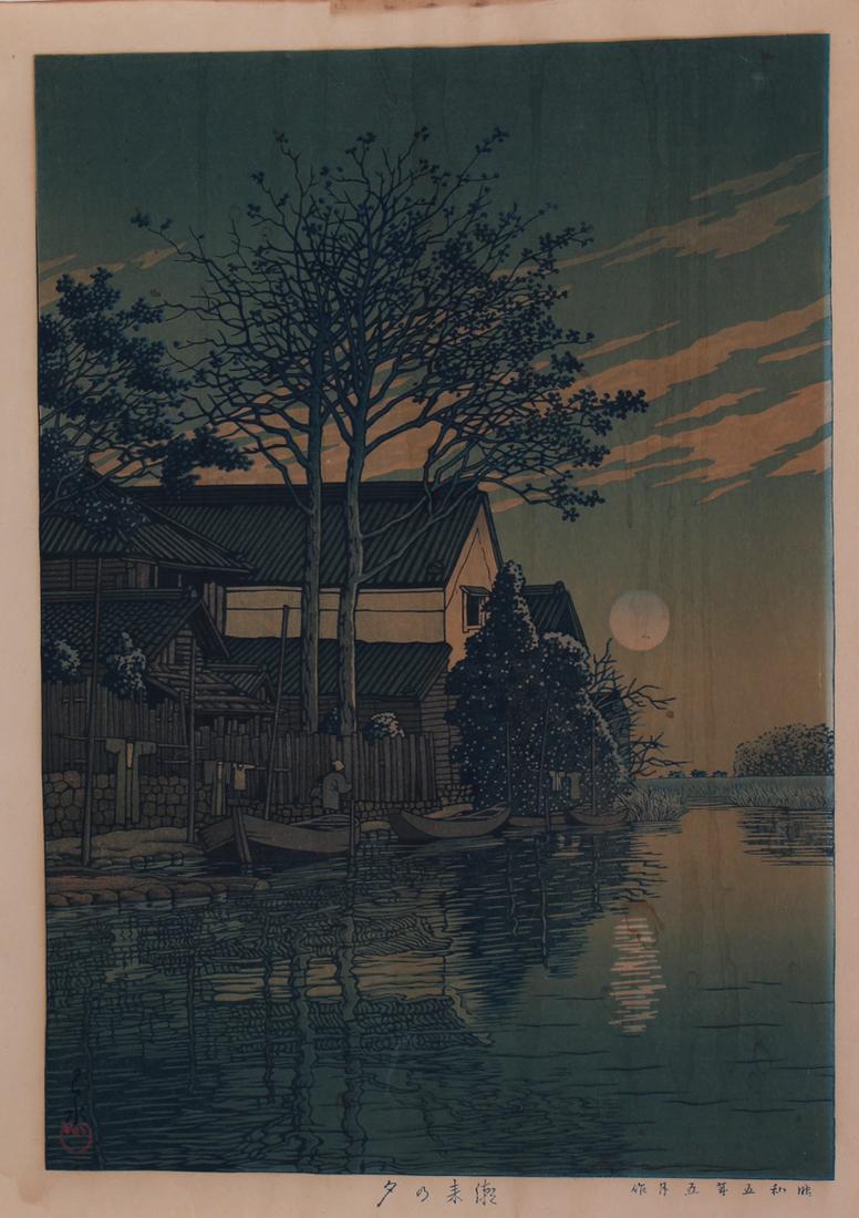 Hasui Kawase (1883-1957) Japan: EVENING ITAKO, color woodcut print, chop mark and character stamps, sheet 16 ½ x 12”.