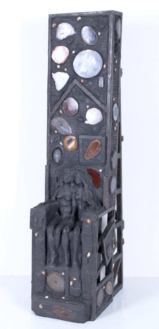 Ralph Massey (b. 1938) California: THE THRONE OF NUMERATION, 1993, original Polyester, fiberglass, resin and wood sculpture with semi-precious and agate stone insets, signed, and dated upper center backside, 35 ¼ x 8 x 14”