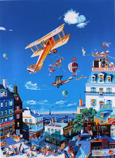 Hiro Yamagata (b. 1948) Japan America: AIR SHOW, color screenprint, signed and numbered 22/275 in pencil, published by Martin Lawrence Galleries with blind stamp lower left, image 32 ½ x 23 ½”, full margins, frame 44