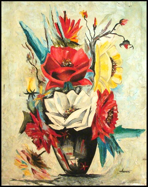Rahnarvardkar Anoush (b. 1924) Iranian: STILL LIFE WITH FLOWER, oil painting on canvas, signed lower right, 37 ½ x 30", surface soiling, scuffs, stretcher bar impressions, small scrapes and nicks, L shaped tear lower left, small amount of 