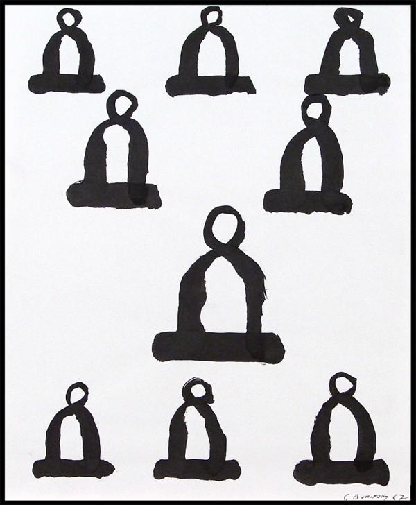 Scott Borofsky (20th Century) American: MEDITATING FIGURES, 1987, ink drawing on paper, signed and dated lower right, 17 x 14", in good studio condition.