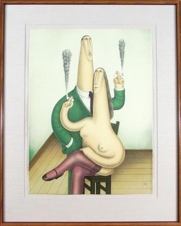 Roy Carruthers (b. 1938) South Africa: THE SMOKERS, color lithograph, signed in pencil, from the numbered edition 75, sheet 30 x 22 ¼", blindstamps lower left and right, framed.