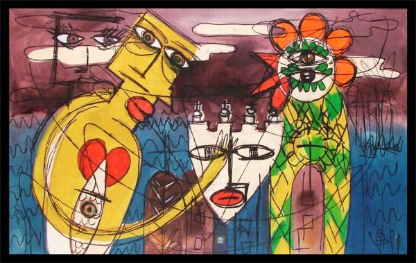Cuban Artist (20th Century): COUPLE, oil painting on canvas, signed lower right, 27 x 43", framed, surface soiling, otherwise in good condition.