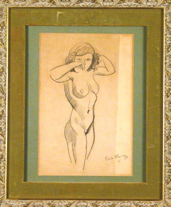 Roger De La Fresnaye (1885-1925) French: STANDING NUDE, pencil drawing on paper, signed lower right, 14 x 11", framed with glass, ¾ of sheet fully toned, toning at mat, creases and soft handling creases, otherwise in good condition. Provena