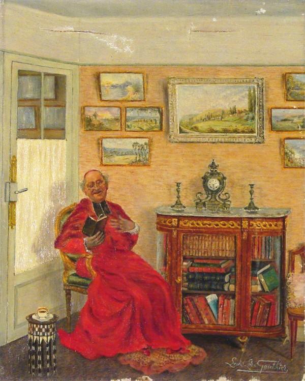 Louis Leon Gauthier (early to mid 20th Century) Eu: PRIEST AT REST READING, oil painting on canvas, signed lower right, 16 x 13", surface soiling, two 1/2" tears upper right and upper left, losses on bottom edge, lacquer yellow, otherwise in good condi