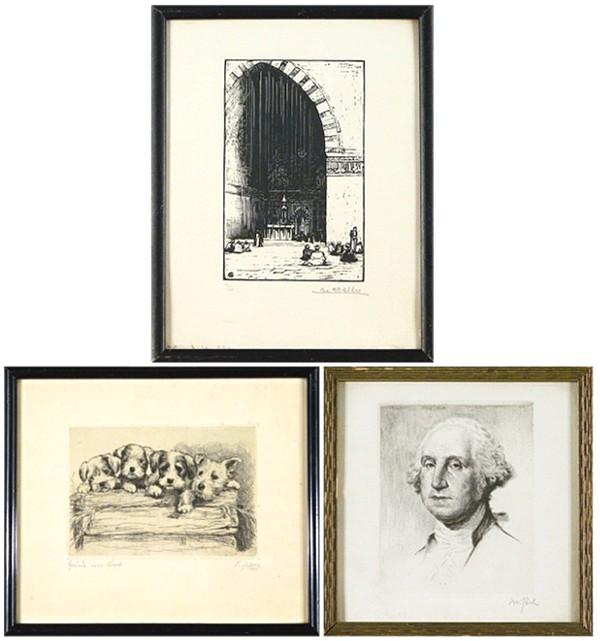 Charles Hallo (1882-1969), F. Biber & another (thr: MIDDLE EASTERN COURTYARD, lithograph, signed in pencil, from the numbered edition 100, image 7 x 4 ½", full margins, framed with glass; Together with F. Biber, FOUR DOGS ON A LOG, 1932, etching, sign