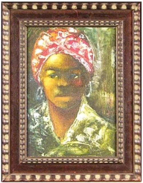 Jean Rene Jerome (1942-1991) Haitian: WOMAN WITH SCARF HEADDRESS, oil painting on canvas, 14 x 10", signed lower right, framed, small screw eye hole lower right, otherwise in good condition.