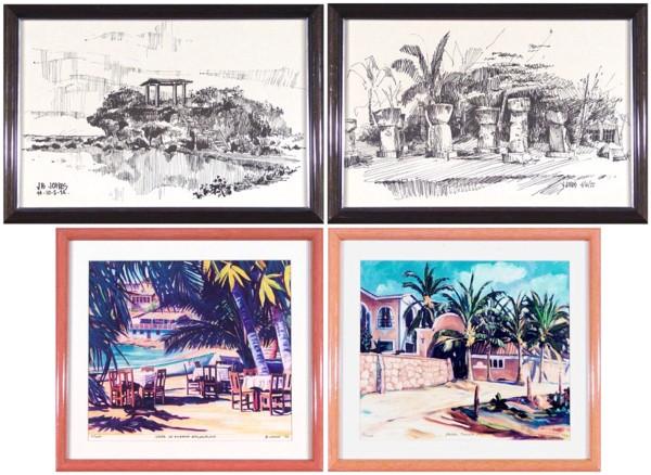 J. B. Jones; P. Cooke (4): UNTITLED, 1972 & 1974, a pair of ink drawings (?) on paper, each signed and dated, 12 x 18"; P. Cooke CAFÉ IN PUERTO ESCONDIDO; HOTEL SANTA FE, 1993, two color prints, each signed in ink, from the nu